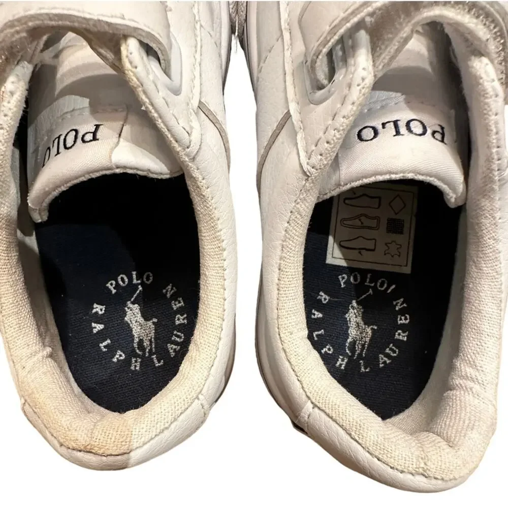 Polo Ralph Lauren Boys Size 9 White Leather Sneakers Grip Closure Elastic Laces